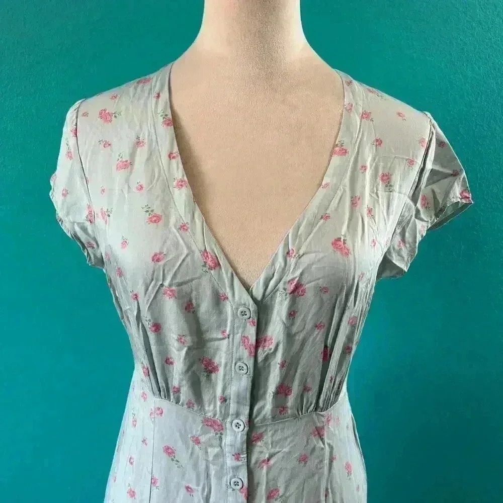 Reformation Denise Midi Dress Floral Light Blue V-Neck Tencel Lyocell Size S - Picture 2 of 8